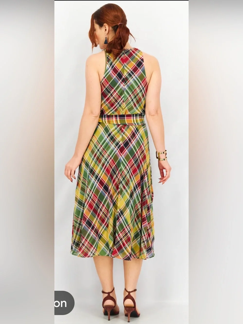 Lauren Ralph Lauren One-Shoulder Plaid Midi Dress in Green, Yellow and Red - Picture 4 of 10